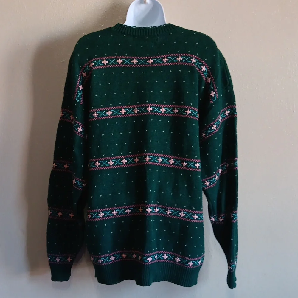 Northern Isles II Hand Embroidered Vintage Bunny Cottage Sweater Green Fall Knit - Picture 9 of 10